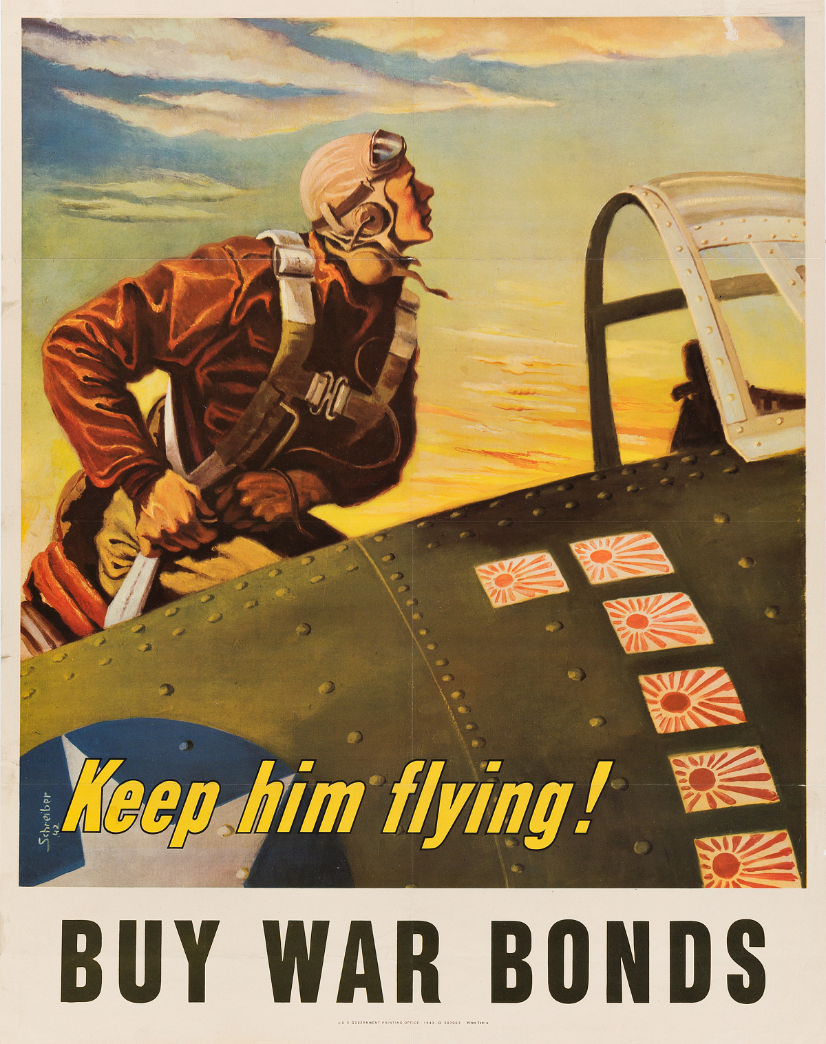 GEORGES SCHREIBER (1904-1977). KEEP HIM FLYING! / BUY WAR BONDS. 1943. 28x22 inches, 71x56 cm. U.S. Government Printing Office, [Washin